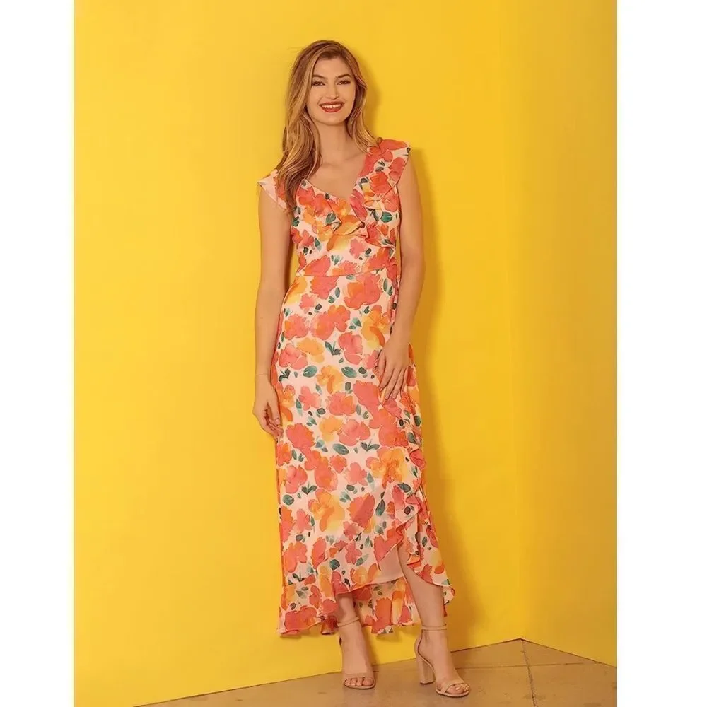 London Times Chiffon Faux Wrap Ruffle Maxi Dress Guest of Wedding size 12